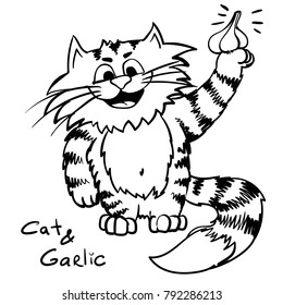 Garlic and cat. Vegetables kitty on the kitchen.  infantile outline sketch cat for coloring book. Kitty in   the morning for print. Doodle happy chef cook cartoon lazy tom. So much food