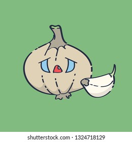 Garlic character cute cartoon illustration kawaii. Cartoon Isolated print for greeting card. post card. flyer, badges, sticker, poster, postcard, patches, banner, scrapbooking. Vector illustration