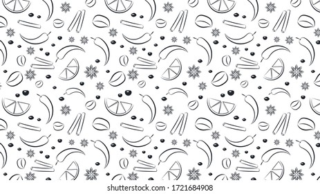 Knoblauch und Chili-Doodle. Inhaltsstoffe doodle Muster Bildschirmhintergrund. Zitronendoodle-Vektor. Kräuterdoodle-Muster.