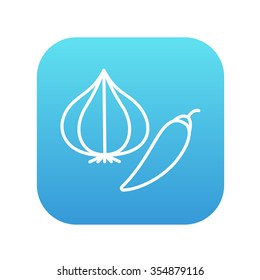 Icono de la línea de ajo y chili para web, móvil e infografía. Icono de blanco vector en el cuadrado de gradiente azul con esquinas redondeadas aisladas en fondo blanco.