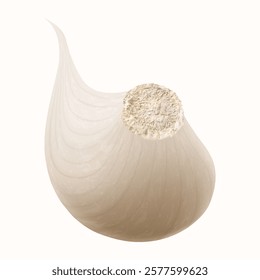 Garlic clove isolated on a white background. Vegetable and spice ingredient, unpeeled garlic clove for cooking and healthy nutrition or spice and condiment product package design. Realistic 3D vector