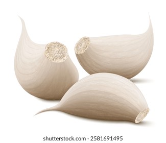 Garlic clove isolated on a white background. Vegetable and spice ingredient, unpeeled garlic cloves for cooking and healthy nutrition or spice and condiment product package design. Realistic 3D vector