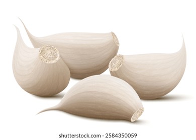 Garlic clove isolated on a white background. Vegetable and spice ingredient, unpeeled garlic cloves for cooking and healthy nutrition or spice and condiment product package design. Realistic 3D vector