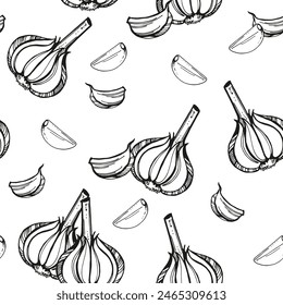 garlic clove outline vector seamless pattern, ink hand drawn sketch of food, vegetable, spicy and condiment theme white background, black and white doodle illustration