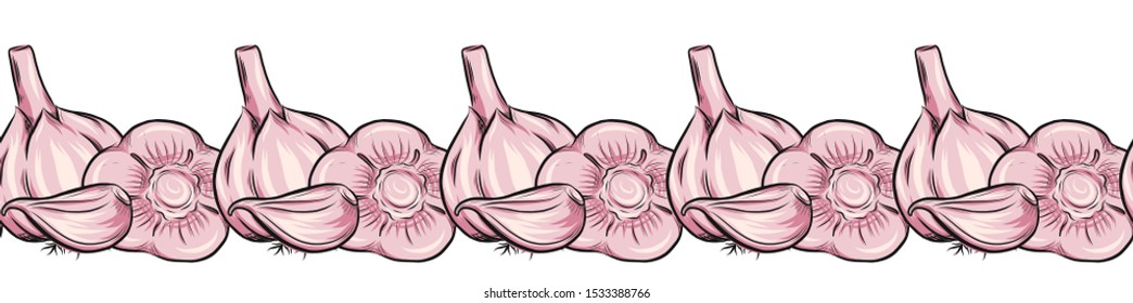 Garlic clove seamless pattern. Vegetable food concept, vegan cooking vector illustration in sketch style For poster, banner, menu design, restaurants, organic and natural nutrition, spicy taste