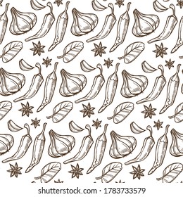 Garlic cloves, hot chili pepper, anise and leaves seamless pattern. Spices and herbs for preparing food, spicy dishes condiments. Organic addition. Monochrome sketch outline, vector in flat style