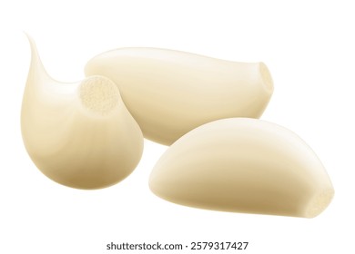 Garlic cloves isolated on a white background. Vegetable and spice ingredient, peeled garlic cloves for cooking and healthy nutrition or spice and condiment product package design. Realistic 3D vector