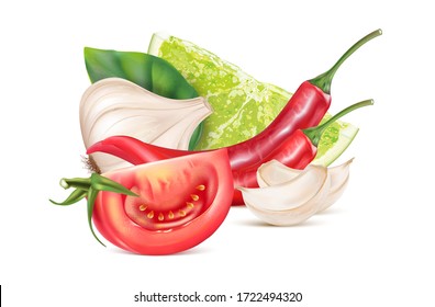 Garlic cloves with red chili pepper, lime, tomatoe set isolated on white background. Realistic vector 3D illustration. Food ingredients.