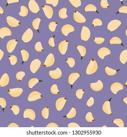 Garlic cloves seamless pattern isolated on purple background. Cartoon vector illustration