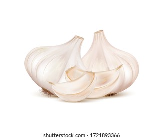 Garlic cloves set isolated on white background. Realistic vector 3D illustration. Food ingredients.