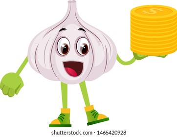Garlic with coins, illustration, vector on white background.