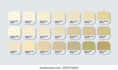 Paleta de color de ajo, paleta de guía de color de ajo con nombres de color. Catálogo Muestras de colores crema con códigos RGB HEX. lámina de revestimiento, pintura, color crema, moda Trend Garlic Color tonos de sombra