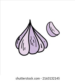 Garlic. Colored Simple Doodle. Vector Clipart, Isolated On White