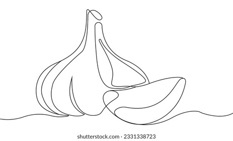 Garlic continuous line concept. Natural and organic product whole vegetable and slice. Minimalist creativity and art, sketch. Linear flat vector illustration isolated on white background