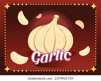 Knoblauch-Kochzutaten dekorative Vektorgrafik-Element einzeln auf Farbverlauf-rotem Zirkus und Sternen thematische Hintergrund-Vibes. Cartoon kunstgeschmückte Pflanzenkleidung.