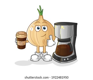 garlic drinking coffee illustration. character vector