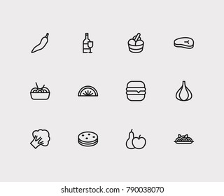 Garlic and food icon line set with noodle, fruit and burger. Set of food icons including diet for web app logo UI design.