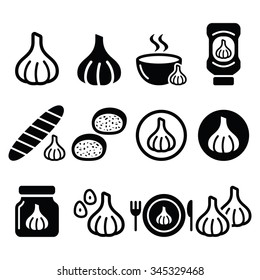 Garlic, food icons set - garlic sauce, soup and bread vector designs 