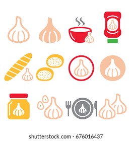 Garlic, food icons set - garlic sauce, soup and bread vector designs 