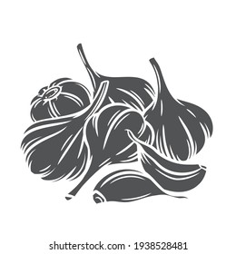 Ilustración vectorial de corte de glifo ajo. Producto del mercado agrícola, verdura aislada, ramo monocromo de ajo