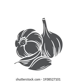 Garlic glyph icon, vector cut monochrome badge. Farm market product, isolated vegetable, hand drawn bunch of garlic