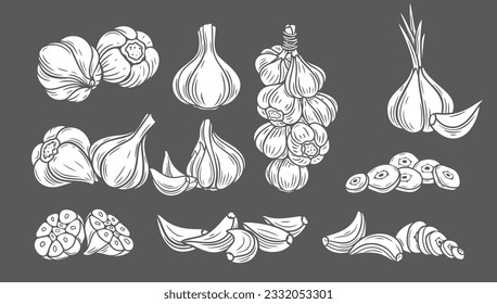 Garlic glyph icons set vector illustration. White stamps of fresh whole and chopped garlic cloves and bundle of bulbs collection isolated on black, pile of slices, raw head cut into halves with peel