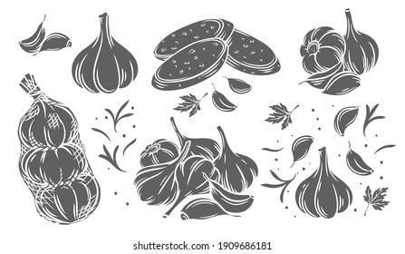 Garlic glyph monochrome icon set. Silhouette pile of garlic bulbs, in net bag and runchy garlic bread. Vector illustration of vegetables, farm product.