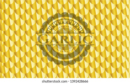 Garlic gold badge or emblem. Scales pattern. Vector Illustration. Detailed.