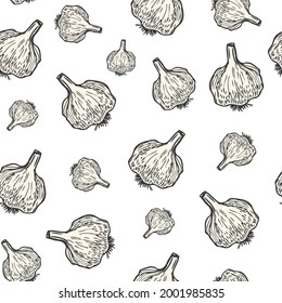 Garlic hand drawn background seamless pattern. Vintage background. Vector