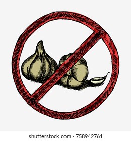 Garlic hand drawn vector stock illustration in red sign