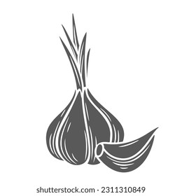 Garlic head and clove glyph icon vector illustration. Stamp of whole young garlic bulb with growing leaf and clove in peel, aromatic smell vegetable and fresh natural food ingredient for cooking