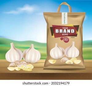 Garlic head packaging is placed on a wooden floor. with fresh garlic