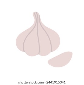 Garlic head and sliced, garlic clove, vegetable garlic clove flat vector illustration isolated on white background.