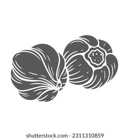 Garlic heads glyph icon vector illustration. Stamp of two whole bulbs with peel in pile, fresh ripe vegetables for cooking in kitchen and harvest of farm garden, raw natural product of market