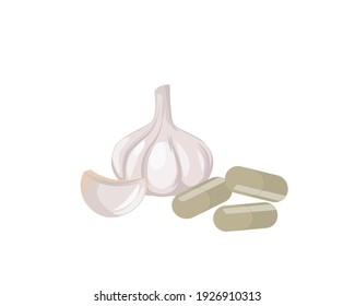 Garlic Herbal Powder Capsules And Garlic Bulb And Clove Isolated On White Background. Icon Vector Illustration