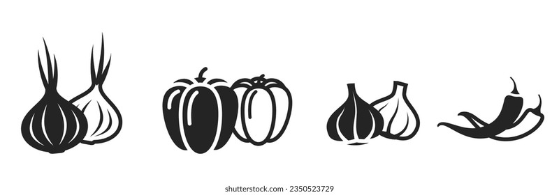 garlic, hot chili pepper, bell pepper and onion icons. vegetable, spices, and seasonings symbols. isolated vector image