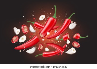 Garlic, and hot spicy red peppers cut into several pieces. floating in the air on a dark background,vector 3d for food advertising design