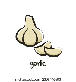 Garlic icon with cloves. Healthy plant food. Garlic sticker with outline in cartoon style. Vector illustration.