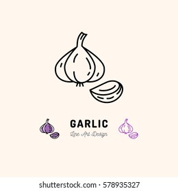 Garlic Icon Vegetables Logo. Garlic Clove, Spice. Thin Line Art Design, Vector Outline Illustration