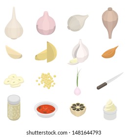 Garlic icons set. Isometric set of garlic vector icons for web design isolated on white background