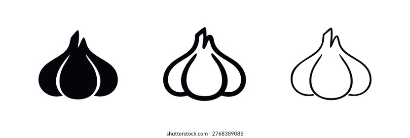 Garlic Icons Set. Vector Illustration of Black and White Spice Bulbs for Cooking and Healthy Food Concepts