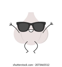 Garlic jumping character cartoon emotions joy happy smiling face icon beautiful vector illustration.