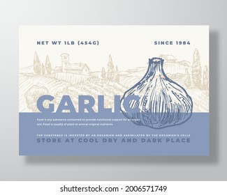 Garlic Label Template. Abstract Vector Packaging Design Layout. Modern Typography Banner with Hand Drawn Vegetables and Rural Landscape Background. Isolated.