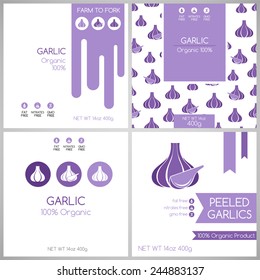 Garlic labels set. Collection of banners for pack design. Vegetarian food tags