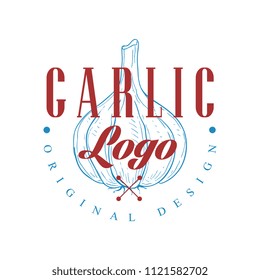 Garlic logo original design, culinary spice emblem vector Illustration on a white background