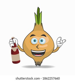 Garlic mascot character holding a bottle. vector illustration