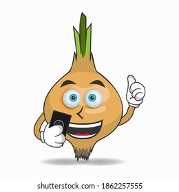 Garlic mascot character holding a cellphone. vector illustration