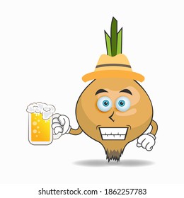 The Garlic mascot character is holding a glass filled with a drink. vector illustration