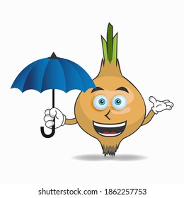 Garlic mascot character holding an umbrella. vector illustration