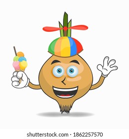 Garlic mascot character with ice cream and colorful hat. vector illustration